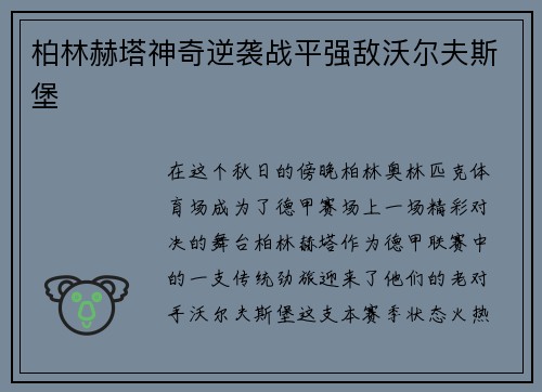 柏林赫塔神奇逆袭战平强敌沃尔夫斯堡